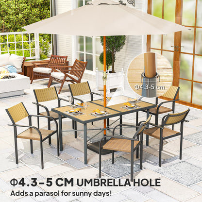 Garden Table for 6, 150 cm Rectangular Outdoor Dining Table with 5 cm Umbrella Hole, Wood Effect Top, Rust Resistant Frame