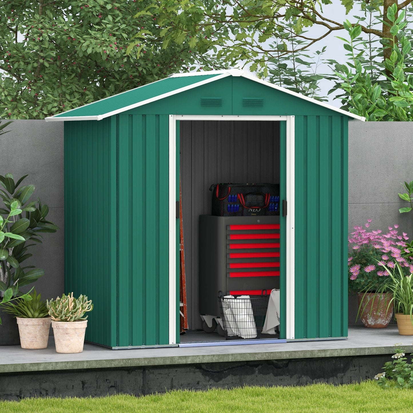 6.5ft x 3.5ft Metal Garden Storage Shed for Outdoor Tool Storage with Double Sliding Doors, Green