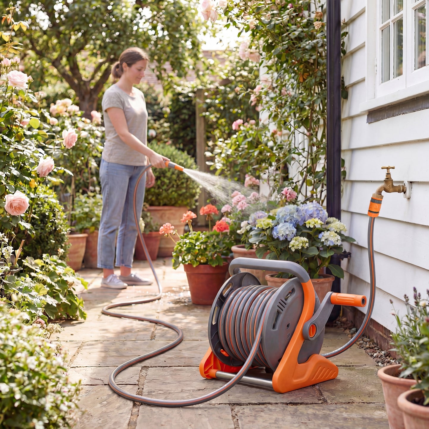 Portable Garden Hose Reel, 20+2 m Wall Mounted Hose Reel with 2 Patterns Spray Nozzle and Crank Handle, Orange