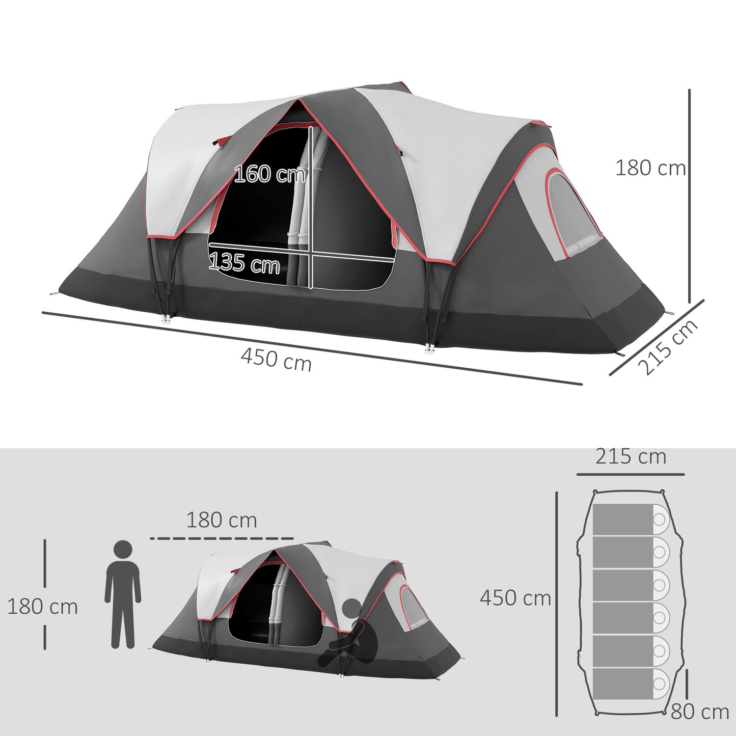 Camping Tent for 6 Man with 2000mm Waterproof Rainfly and Carry Bag for Fishing Hiking Festival, Grey