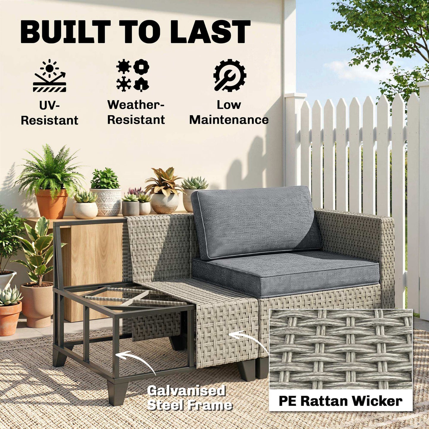 5-Piece Rattan Patio Furniture Set with Corner Sofa, Footstools, Coffee Table, for Poolside, Dark Grey