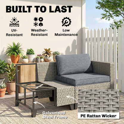 5-Piece Rattan Patio Furniture Set with Corner Sofa, Footstools, Coffee Table, for Poolside, Dark Grey
