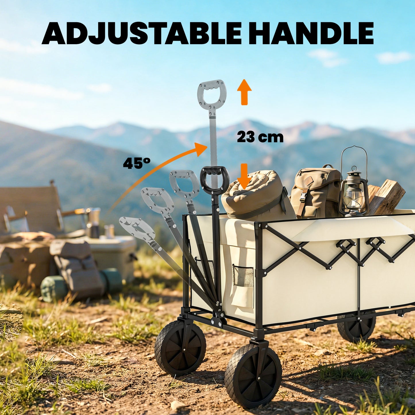 95L Foldable Festival Trolley on Wheels, Collapsible Wagon Cart with Adjustable Handle and 2 Cup Holders, Khaki