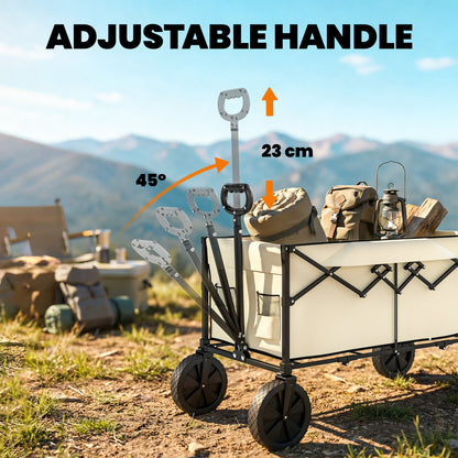 95L Foldable Festival Trolley on Wheels, Collapsible Wagon Cart with Adjustable Handle and 2 Cup Holders, Khaki