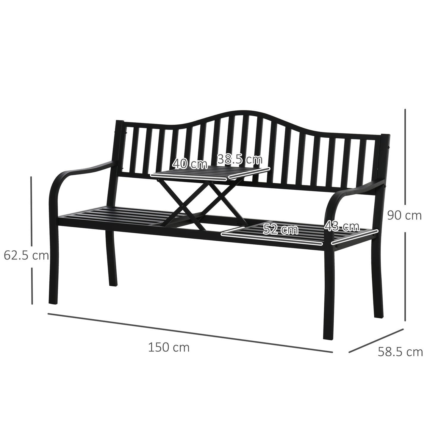 Metal Outdoor Bench with Liftable Middle Table, Patio Loveseat, Garden Bench for Garden, Porch, Seats 2–3 People, Black