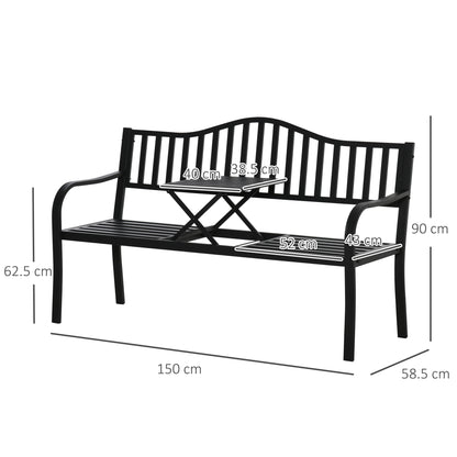 Metal Outdoor Bench with Liftable Middle Table, Patio Loveseat, Garden Bench for Garden, Porch, Seats 2–3 People, Black
