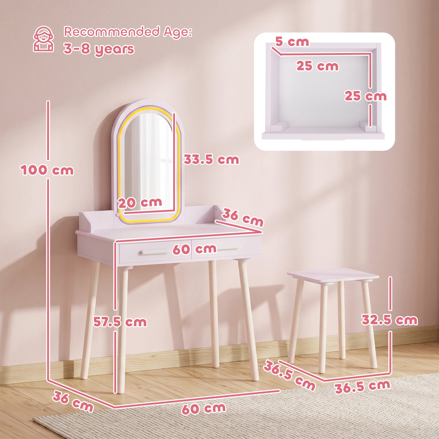 Kids Dressing Table, Girls Vanity Set with Stool, 3-Colour LED Lights Mirror, Large Drawer for Ages 3-8, Pink