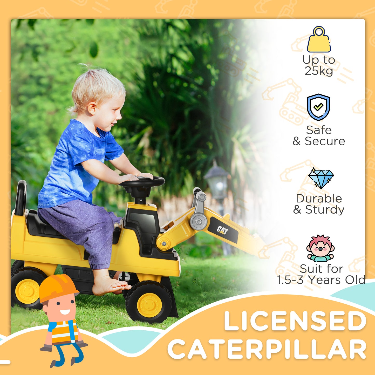 Ride on Tractor, CAT Licensed Kids Ride On Digger Excavator, Construction Toy Car with Adjustable Bucket, Horn