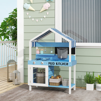 Kids Mud Kitchen Outdoor with Stoves, Sink, Faucet, Storage Shelves, Cookware Accessories for Boys Girls, Blue