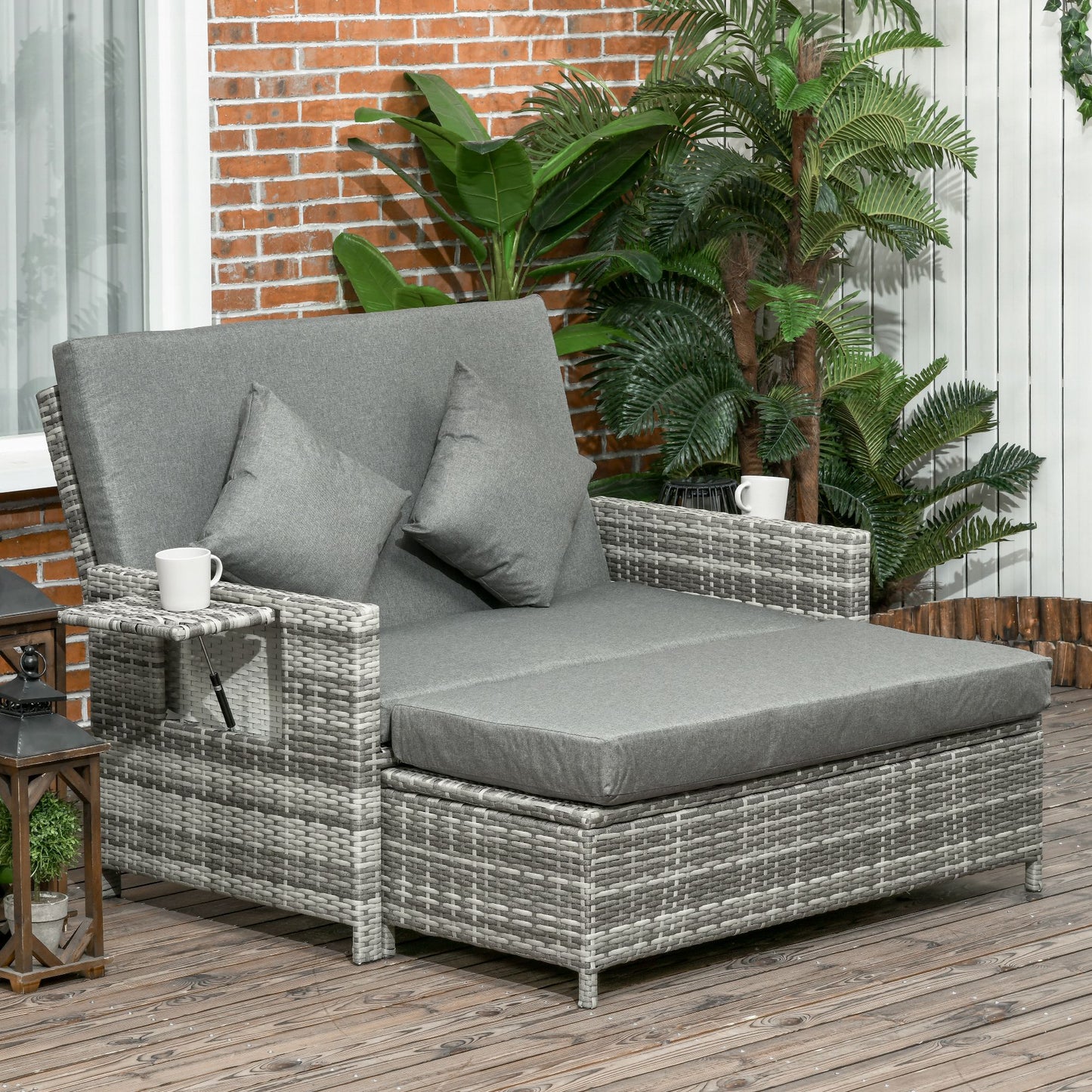 Rattan Garden Daybed, Assembled Double Sun Lounger with 5-Level Adjustable Back, Storage Ottoman, Cushions