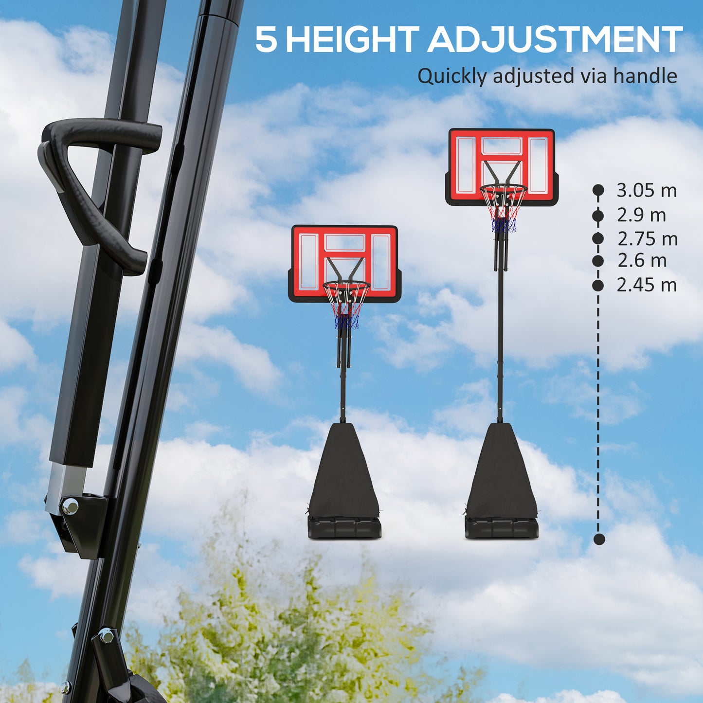 245-305cm Adjustable Basketball Hoop and Stand, with Wheels, Red