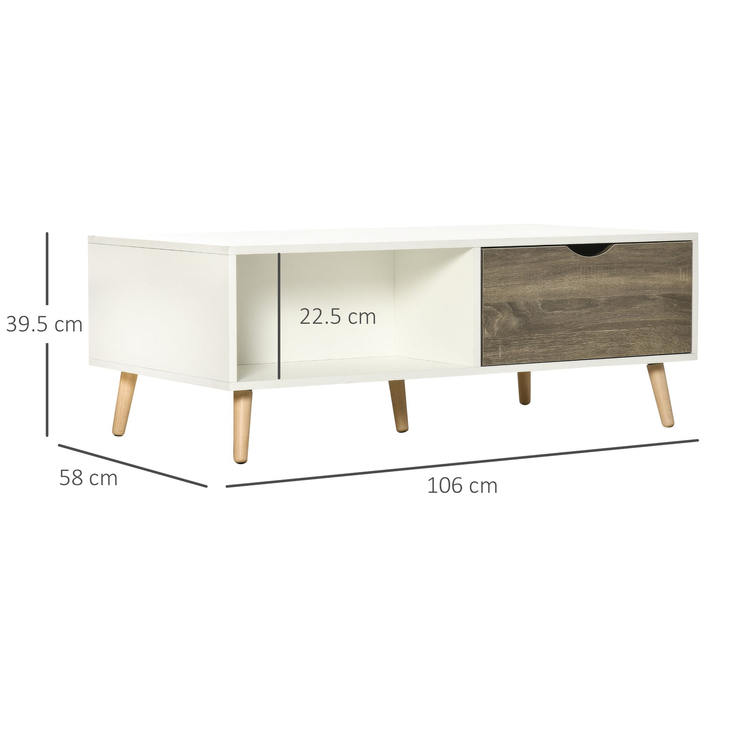 Coffee Table, Modern Tea Table with Open Storage Shelves, Two Drawers and Solid Wood Legs, Coffee Tables for Living Room