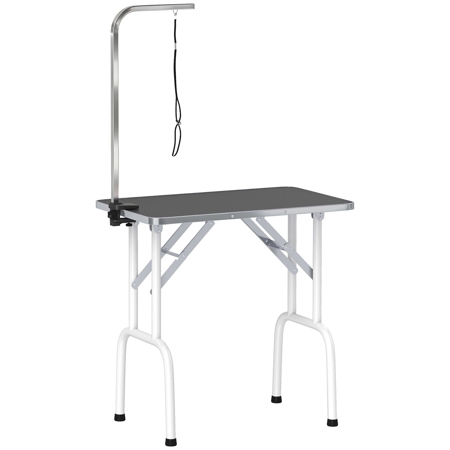 32" Foldable Dog Grooming Table Pet Drying Beauty Table Adjustable Fixed Arm Rubber Top, Black