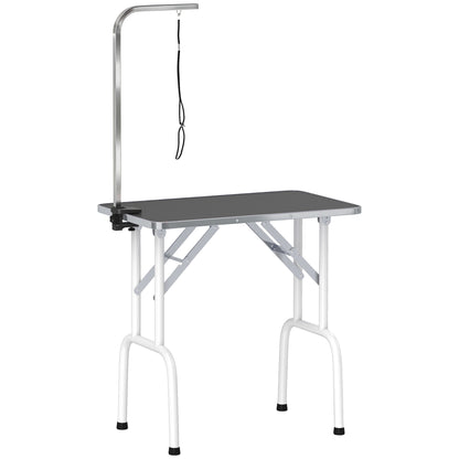 32" Foldable Dog Grooming Table Pet Drying Beauty Table Adjustable Fixed Arm Rubber Top, Black