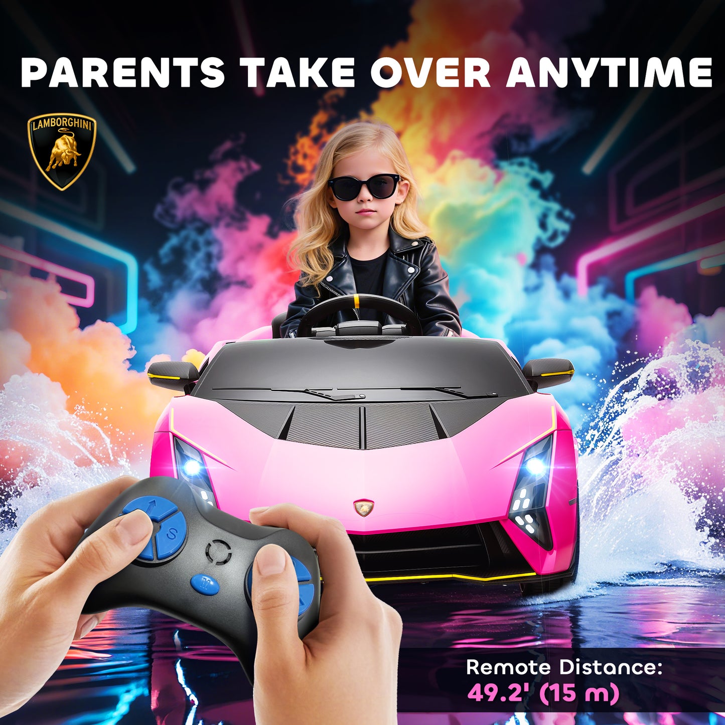 12V Lamborghini Autentica Licensed Kids Electric Car with Remote Control, 4 Suspension Wheels, Soft Start, Pink