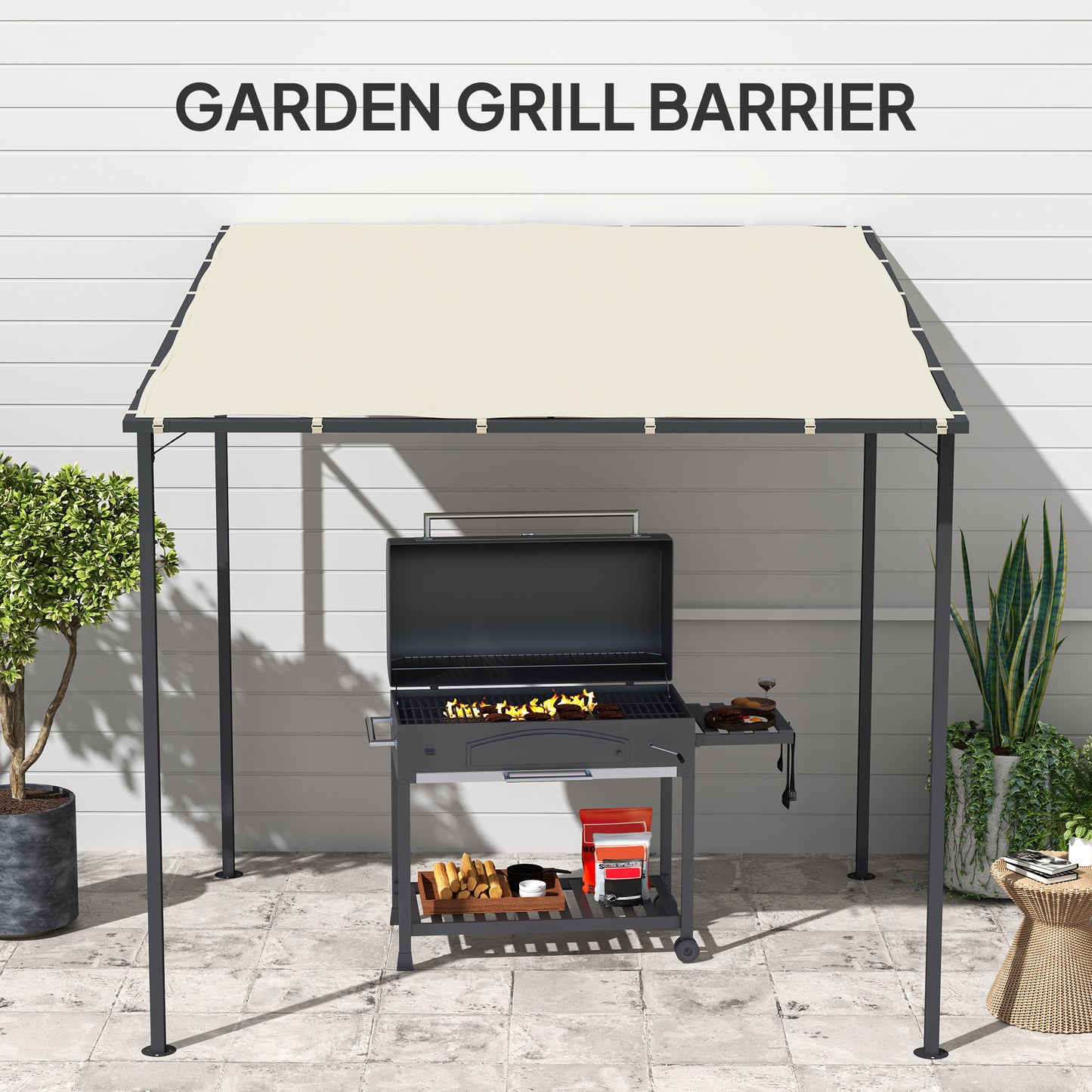 2.4 x 2.4 m Wall Mounted Pergola Gazebo with PA Coating Fabric and Metal Frame, UPF30+, Lean to Garden Gazebo
