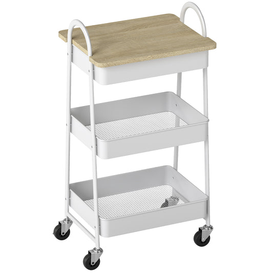 3-Tier Kitchen Storage Trolley with on Wheels Cover Top Board - White and Oak