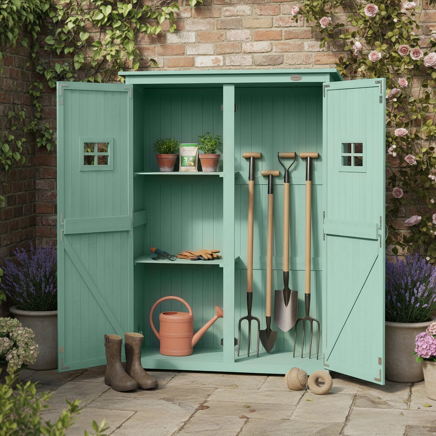 Wooden Garden Shed with Two Windows, Tool Storage Cabinet, Outdoor Double Door organiser 127.5L x 50W x 164H cm, Green