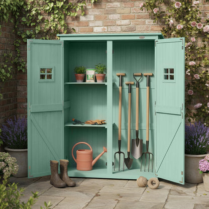Wooden Garden Shed with Two Windows, Tool Storage Cabinet, Outdoor Double Door organiser 127.5L x 50W x 164H cm, Green