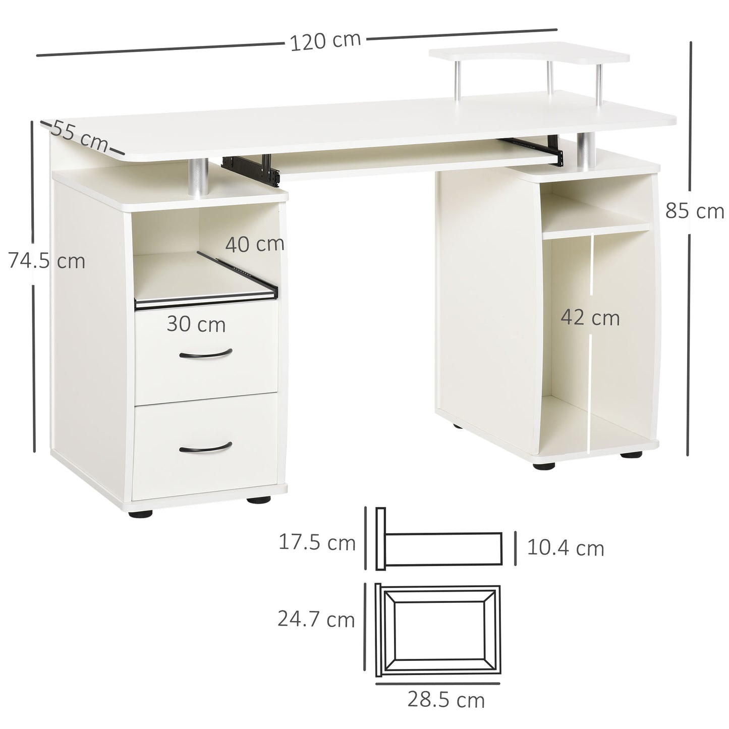 Home Study Desk Writing Table with Drawers, Writing Desk Study Table with Side Storage and Sliding Shelf, White