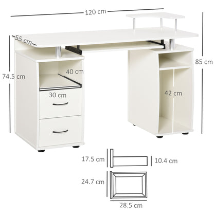 Home Study Desk Writing Table with Drawers, Writing Desk Study Table with Side Storage and Sliding Shelf, White