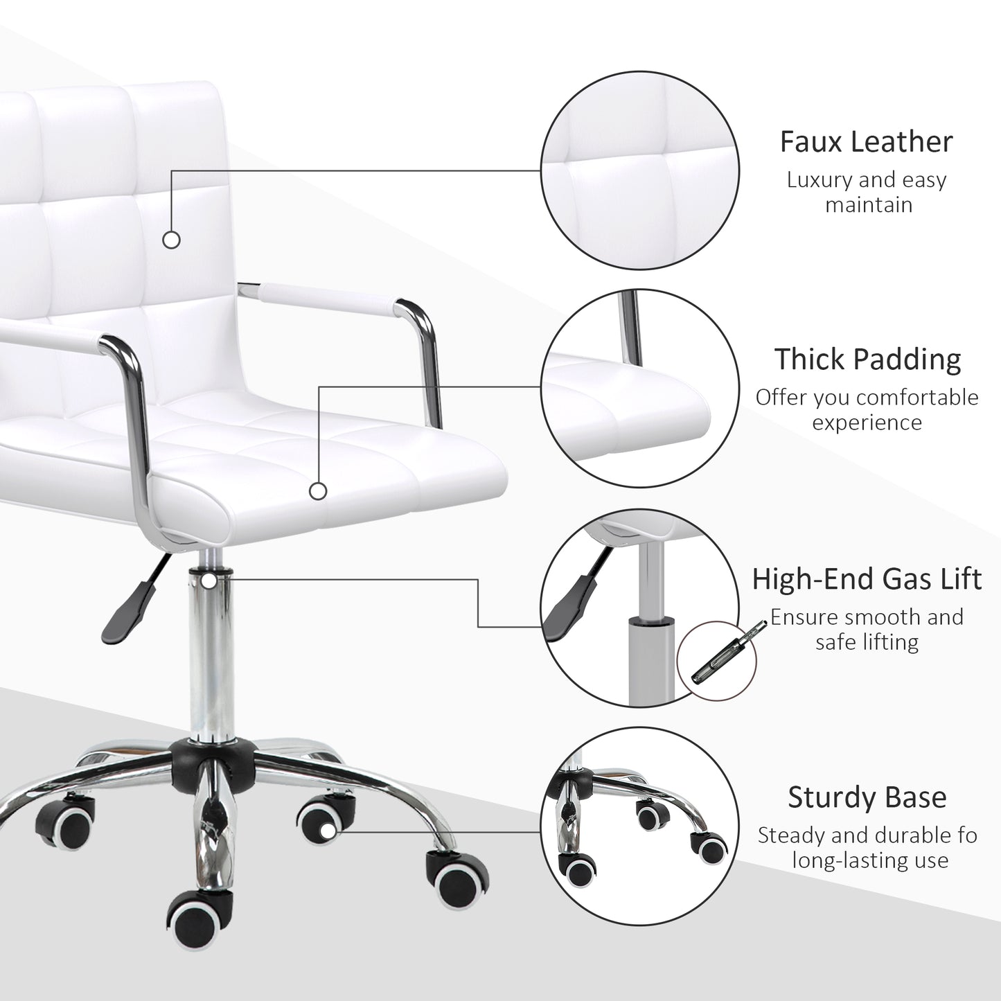 Makeup Vanity Chair, PU Leather Mid Back Office Chair with Adjustable Height, Armrest and Rolling Wheels, White