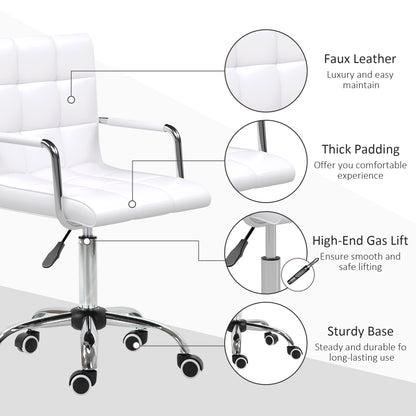 Makeup Vanity Chair, PU Leather Mid Back Office Chair with Adjustable Height, Armrest and Rolling Wheels, White