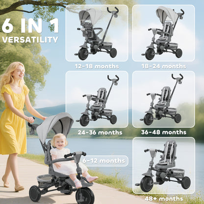 6 in 1 Foldable Kids Trike with Adjustable Parent Handle & Canopy for Ages 1-5, Grey