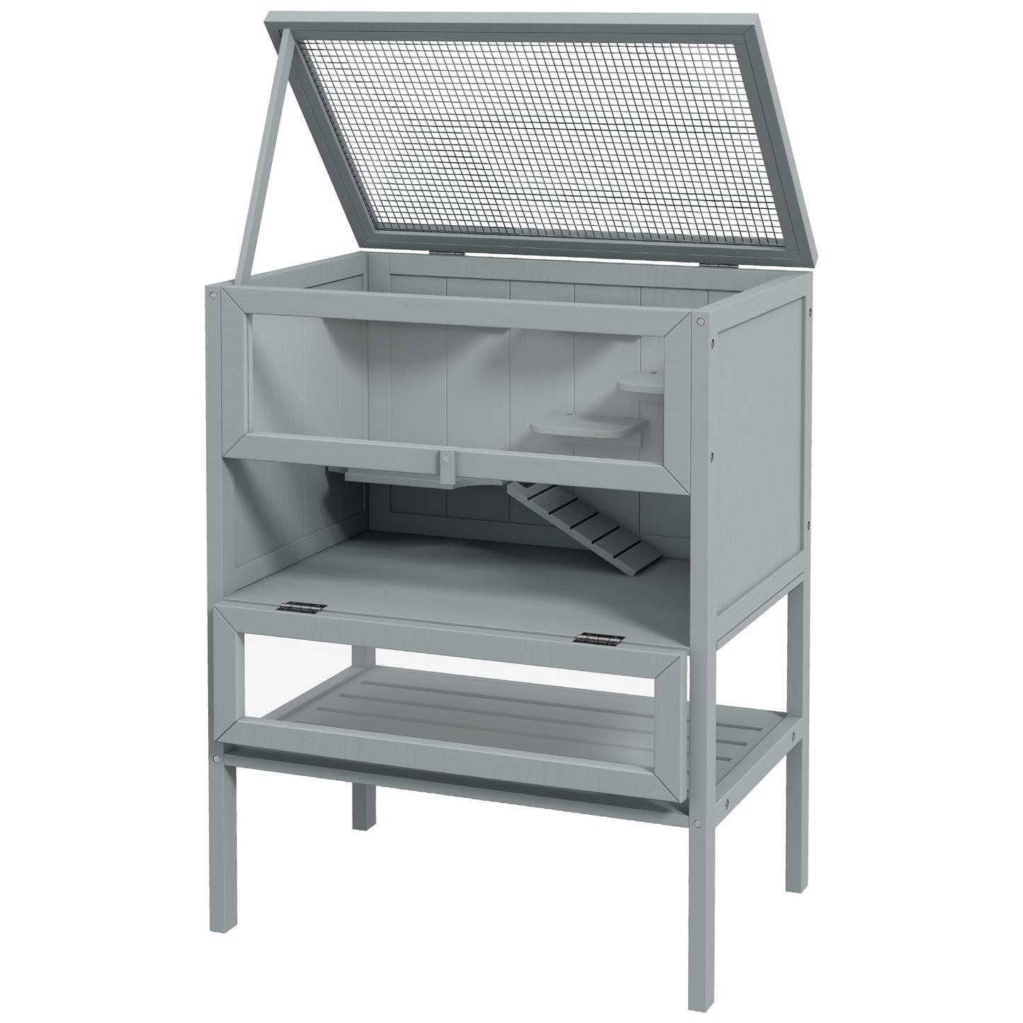 Wooden Hamster Cage 3 Tier House w/ Storage Shelf, Openable Top for Gerbils, Grey