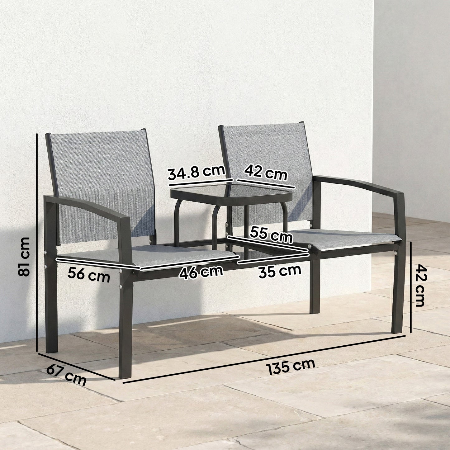 Garden Love Seat, 2 Seater Jack and Jill Loveseat Companion Seat with 2-Tier Glass Table, Breathable Texteline, Grey