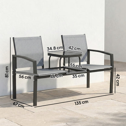 Garden Love Seat, 2 Seater Jack and Jill Loveseat Companion Seat with 2-Tier Glass Table, Breathable Texteline, Grey