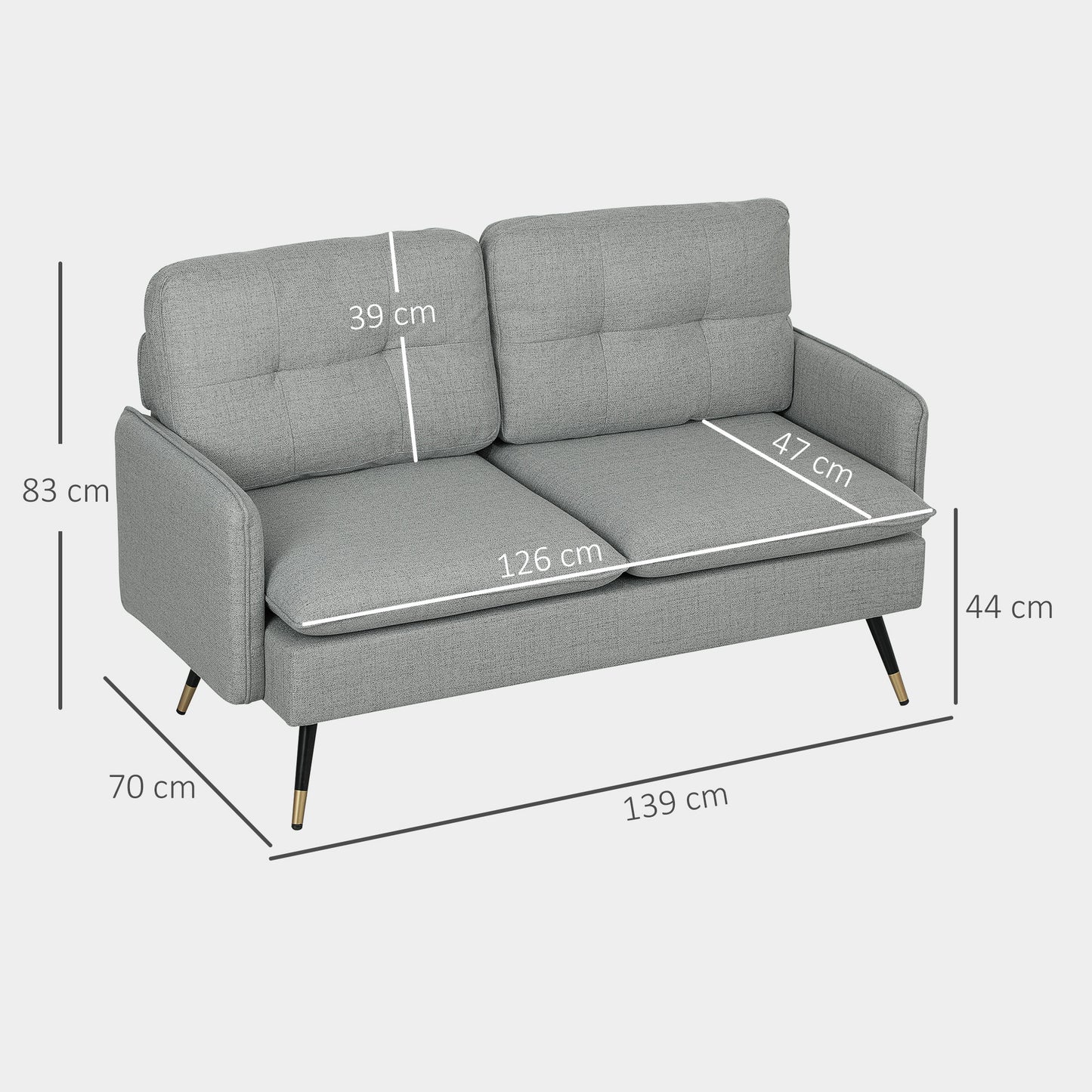 Modern Two Seater Sofa, Button Tufted Loveseat with Cushions and Steel Legs for Living Room, Guest Room, Grey