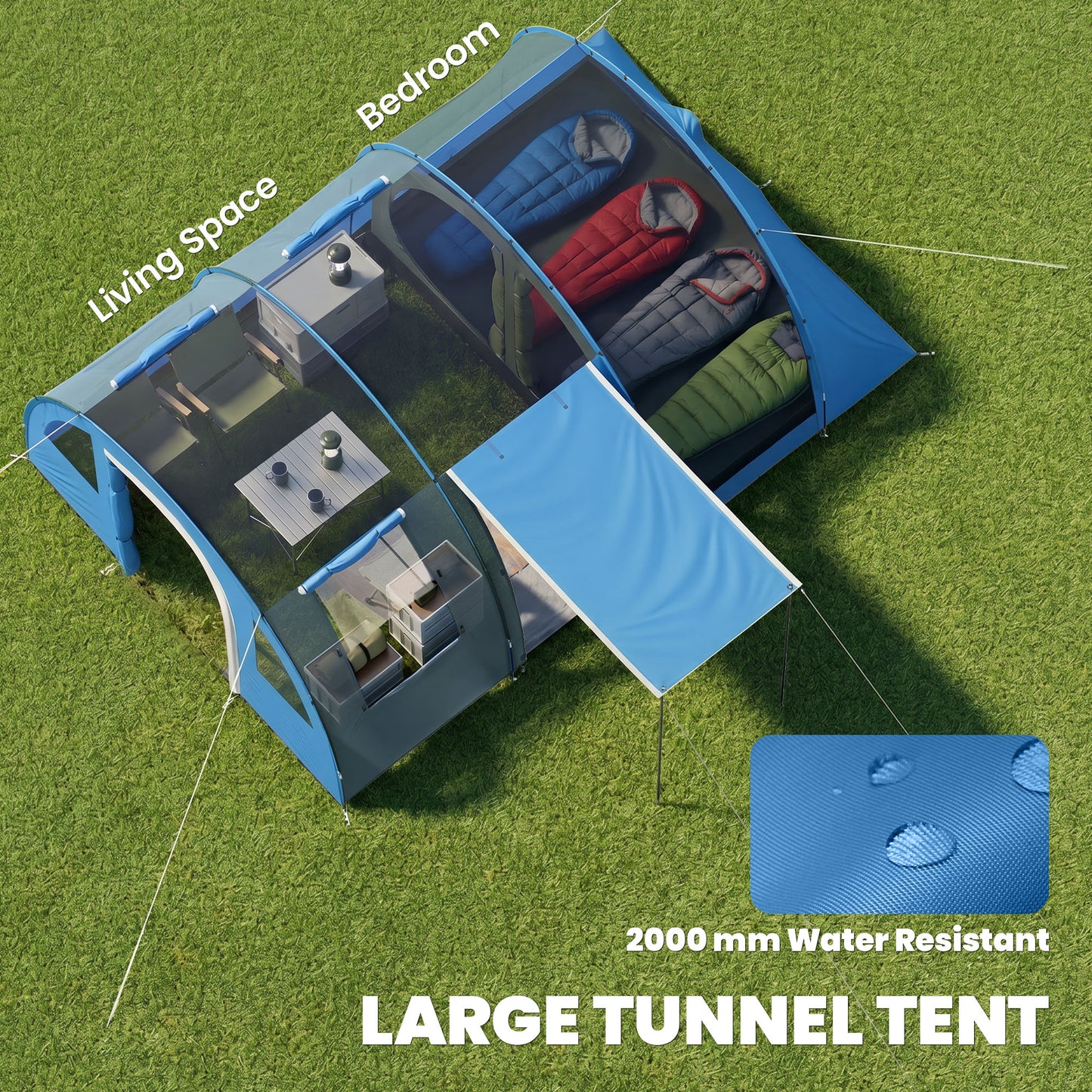 4 Man Camping Tent with 2 Room, Floor and Carry Bag - Blue