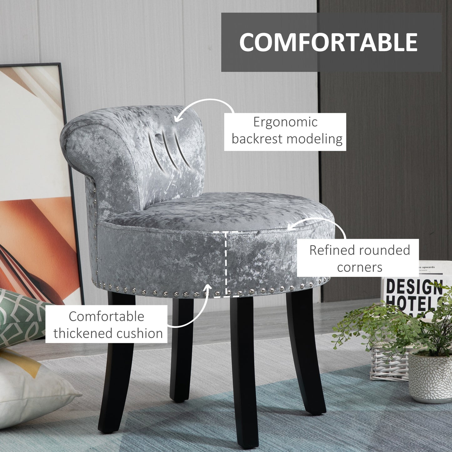 Dressing Table Stool with Rubber Wood Legs, Ice Velvet Vanity Stool for Living Room Bedroom, Grey