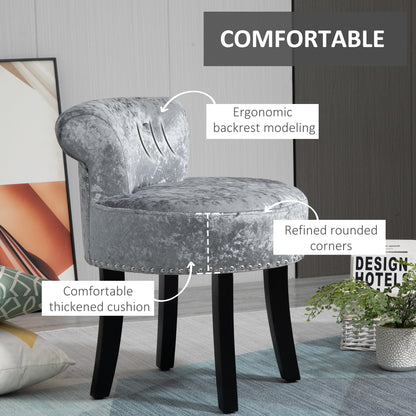 Dressing Table Stool with Rubber Wood Legs, Ice Velvet Vanity Stool for Living Room Bedroom, Grey