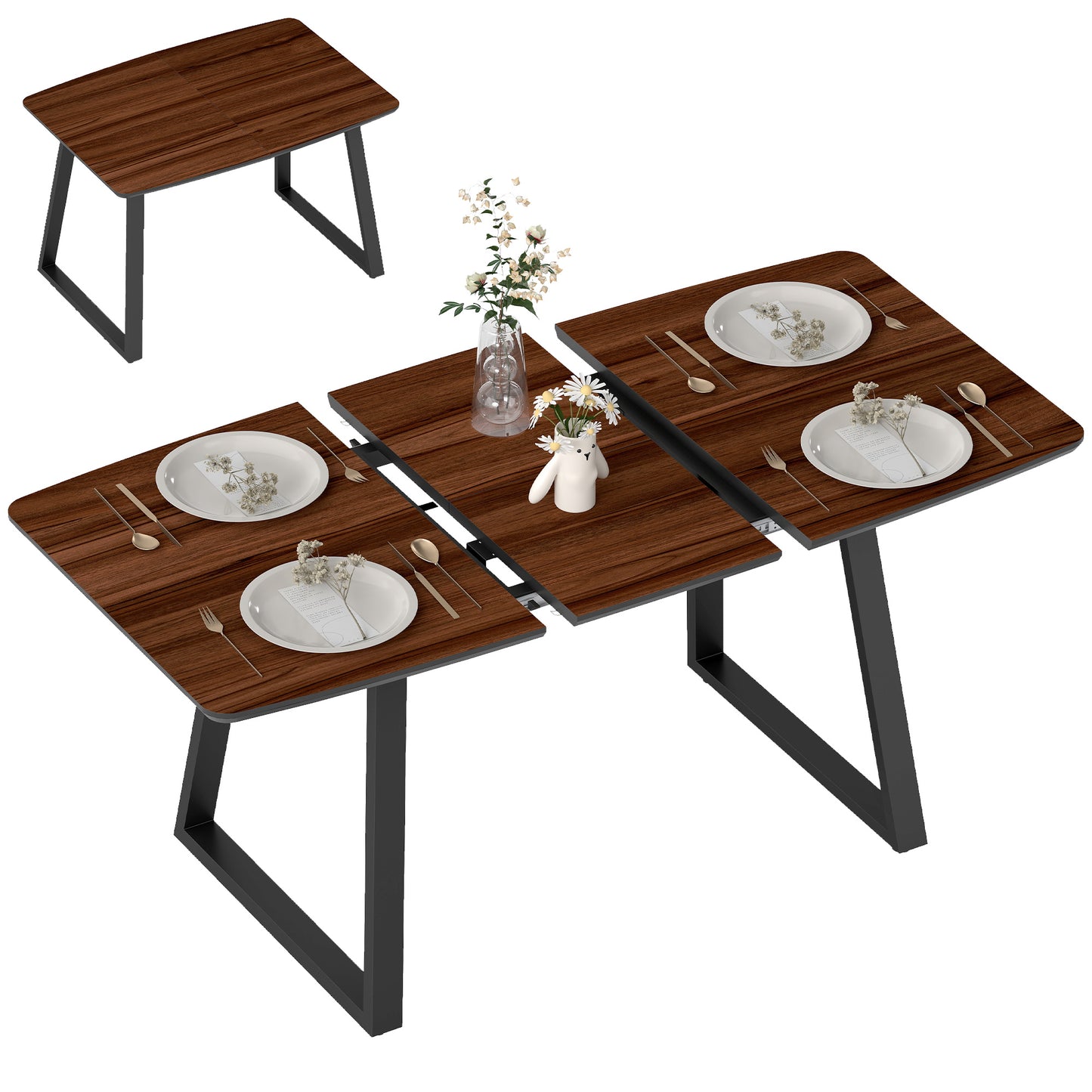 Extendable Dining Table Rectangular Wood Effect Tabletop for 4-6 People with Steel Frame & Hidden Leaves for Kitchen