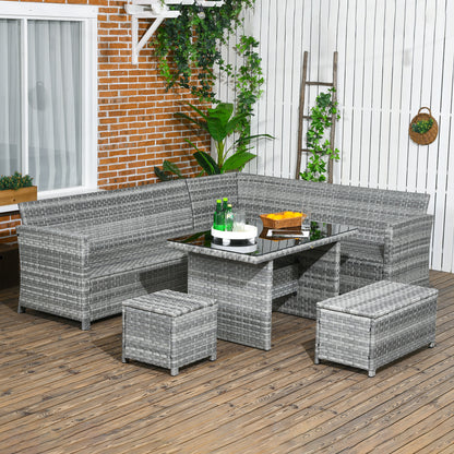5-Piece Rattan Patio Furniture Set with Corner Sofa, Footstools, Glass Coffee Table, Cushions, Mixed Grey
