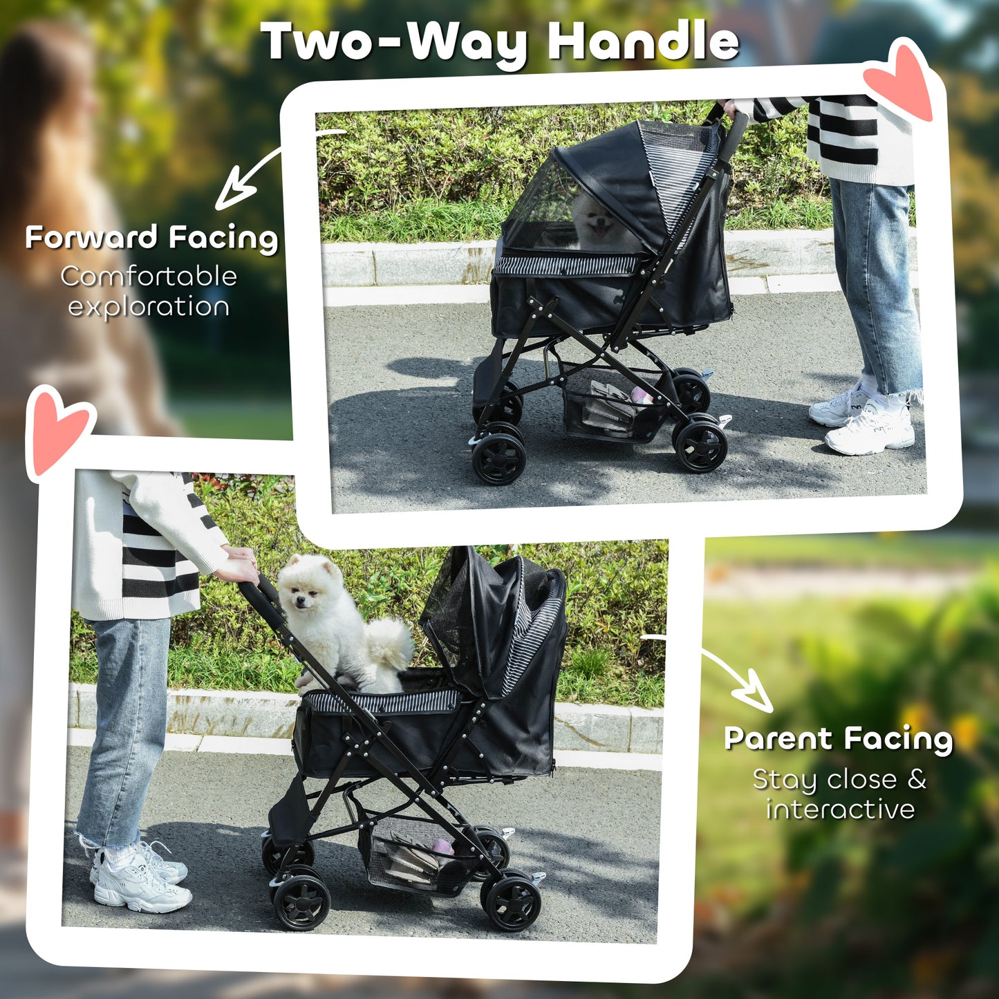 Pet Stroller Pushchair Foldable Travel Dog Cat Carriage w/ Reversible Handle Brake Basket