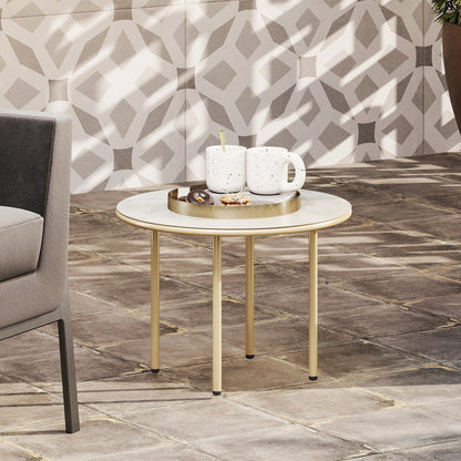 Round Coffee Table, Modern End Side Table with Faux Marble Tempered Glass Top, Steel Frame for Living Room, Bedroom, Office