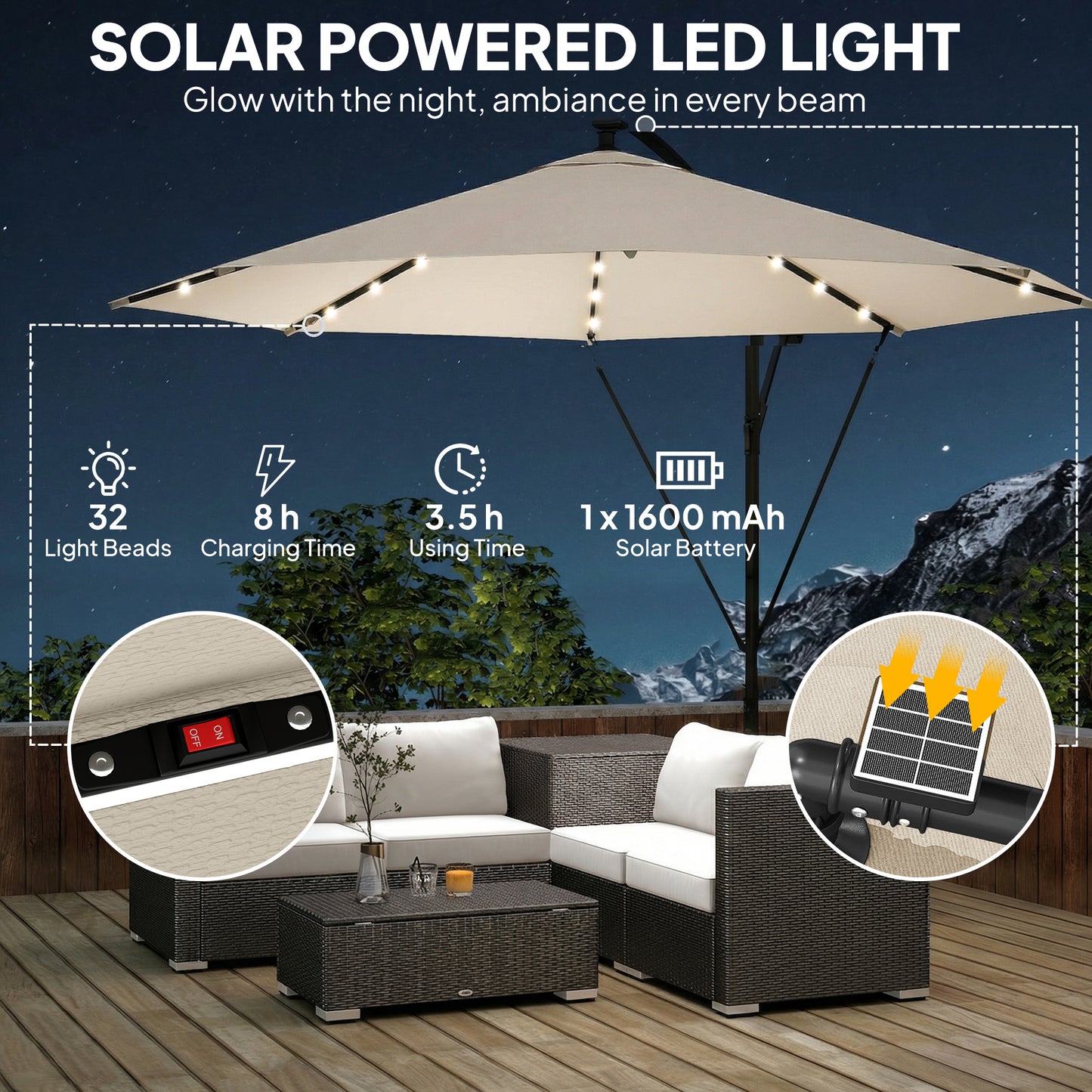 3 m Cantilever Parasol with Solar LED Lights Garden Umbrella with Cross Base, Cream White