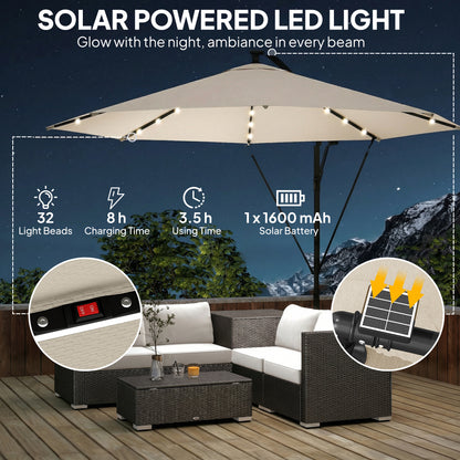 3 m Cantilever Parasol with Solar LED Lights Garden Umbrella with Cross Base, Cream White