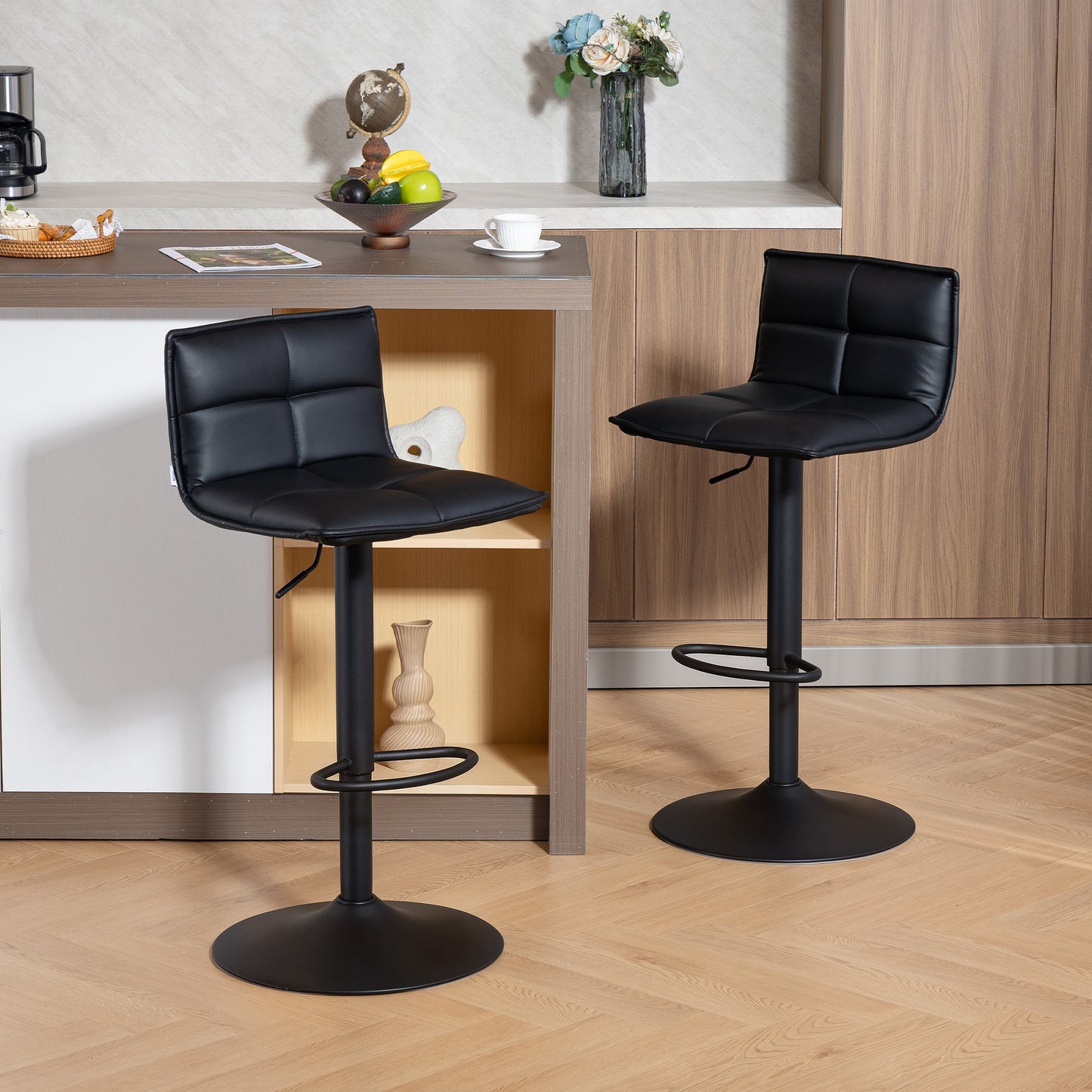 Set of Two Modern Faux Leather Bar Stools - Black
