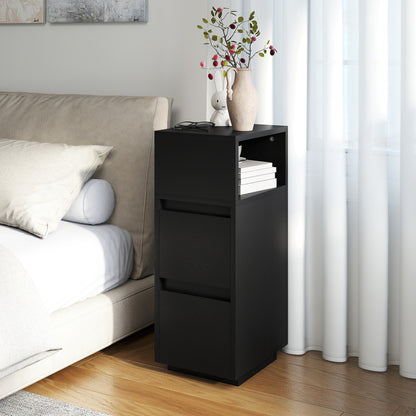 Slim Bedside Table, Narrow Bedside Cabinet with Open Shelf and 2 Drawers for Bedroom, Living Room, Black