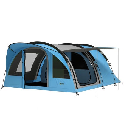 4 Person Easy Setup Family Camping Tent with 2 Rooms, Waterproof Tunnel Tent w/ Sewn In Groundsheet, Sky Blue & Grey