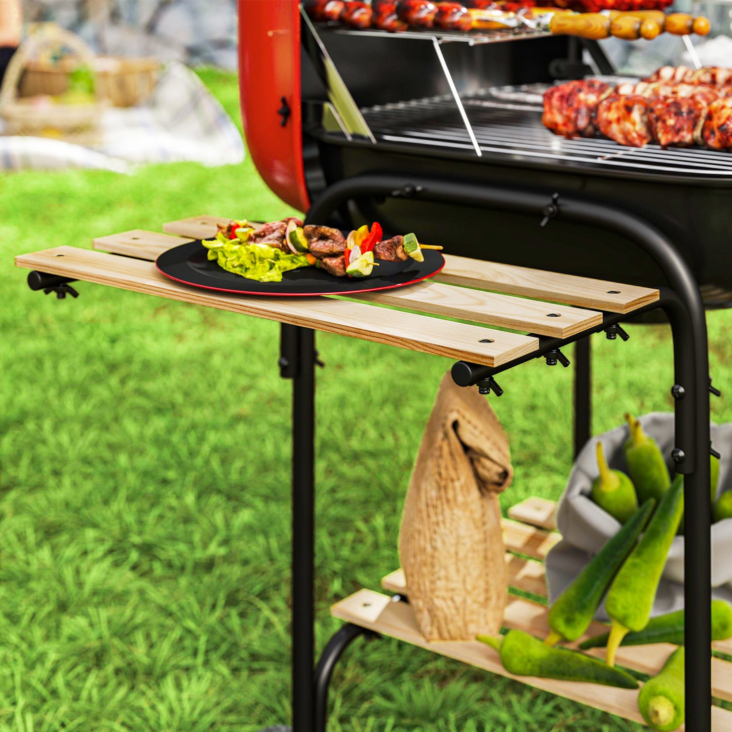 Charcoal Barbecue Grill Portable BBQ Grill with 1840 cm² Cooking Area, 3 Shelves, Adjustable Vent, Lockable Lid