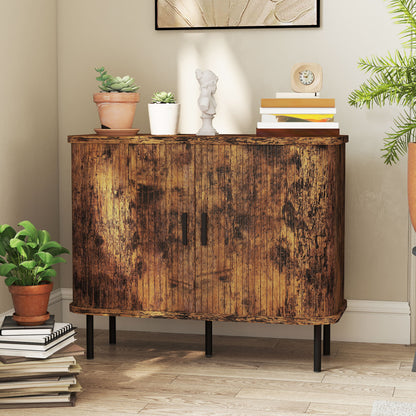 Mid-Century Modern Sideboard Storage Cabinet with Slatted Tambour Sliding Doors, Kitchen Cabinet with Steel Legs