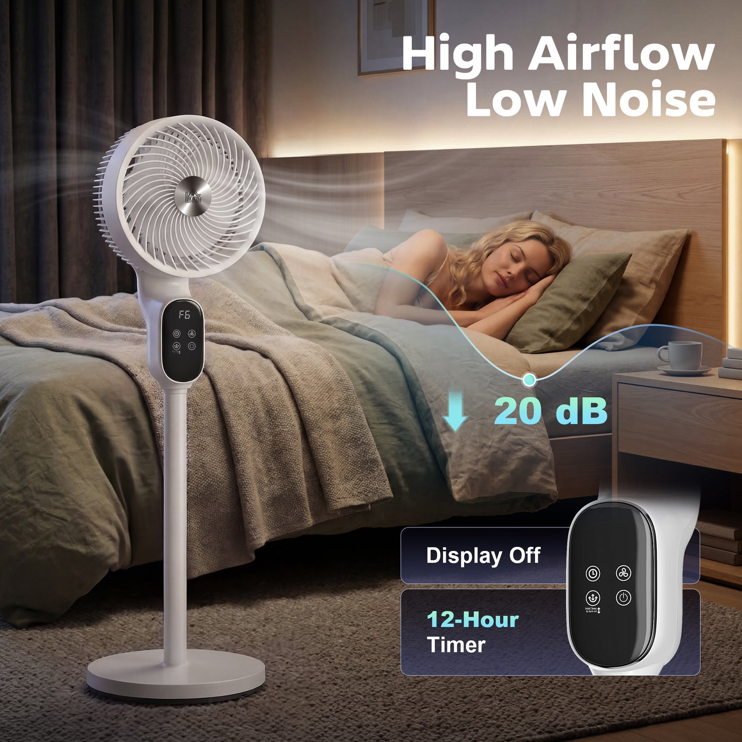 20 dB Silent Standing Fan for Bedroom, 39in Pedestal Fan with Remote, Oscillating, 8 Speeds, Adjustable Height, White