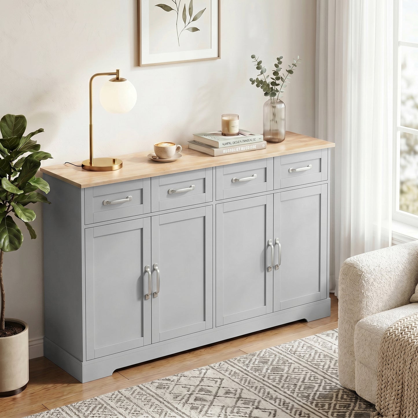 Sideboard Buffet Cabinet, 140 cm Kitchen Storage Cabinet with 4 Drawers, 4 Doors and 2 Adjustable Shelves, Grey
