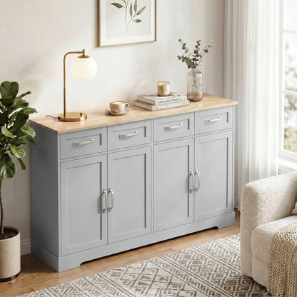 Sideboard Buffet Cabinet, 140 cm Kitchen Storage Cabinet with 4 Drawers, 4 Doors and 2 Adjustable Shelves, Grey