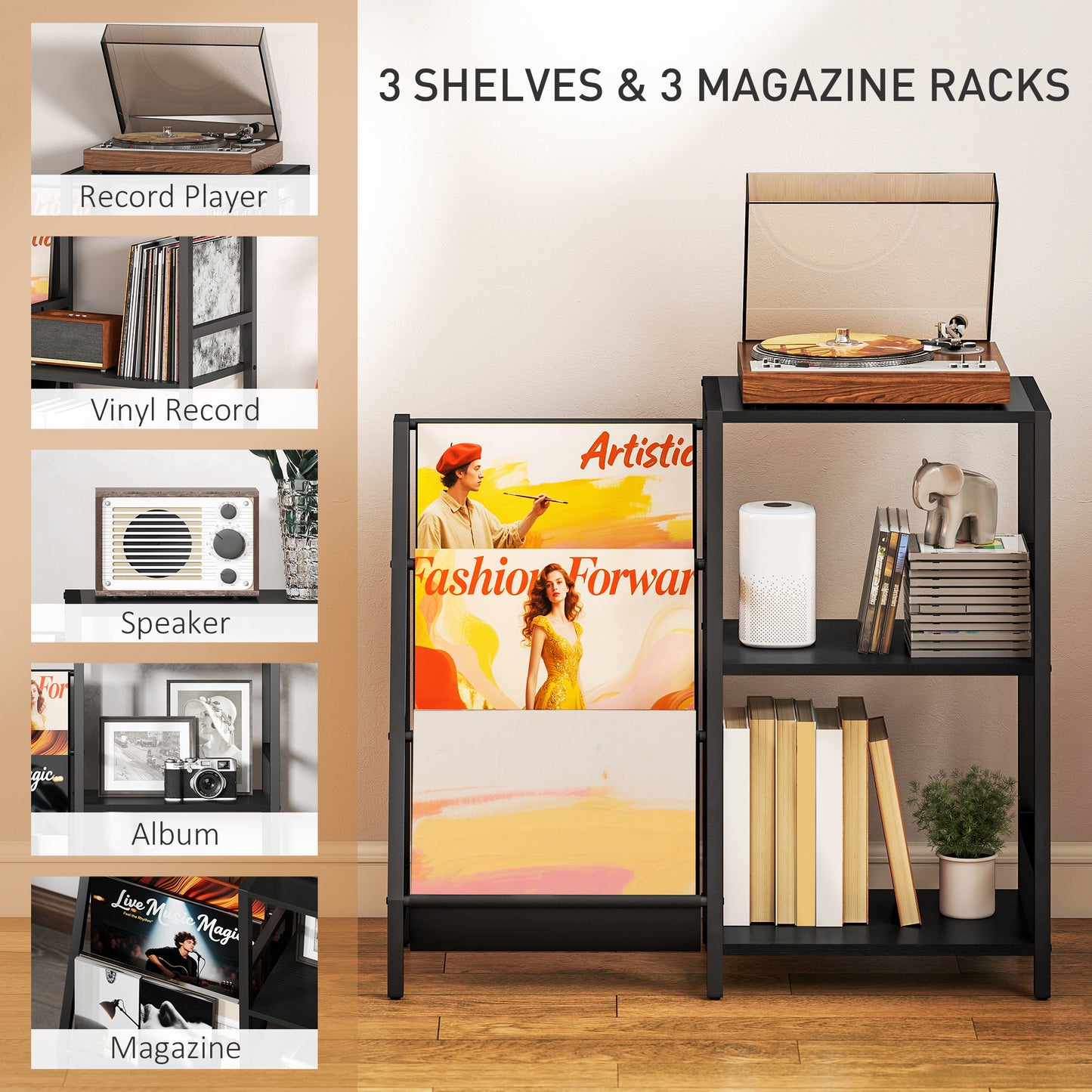 3-Tier Record Player Stand, End Table for Living Room, Bedroom - Black Wood Effect